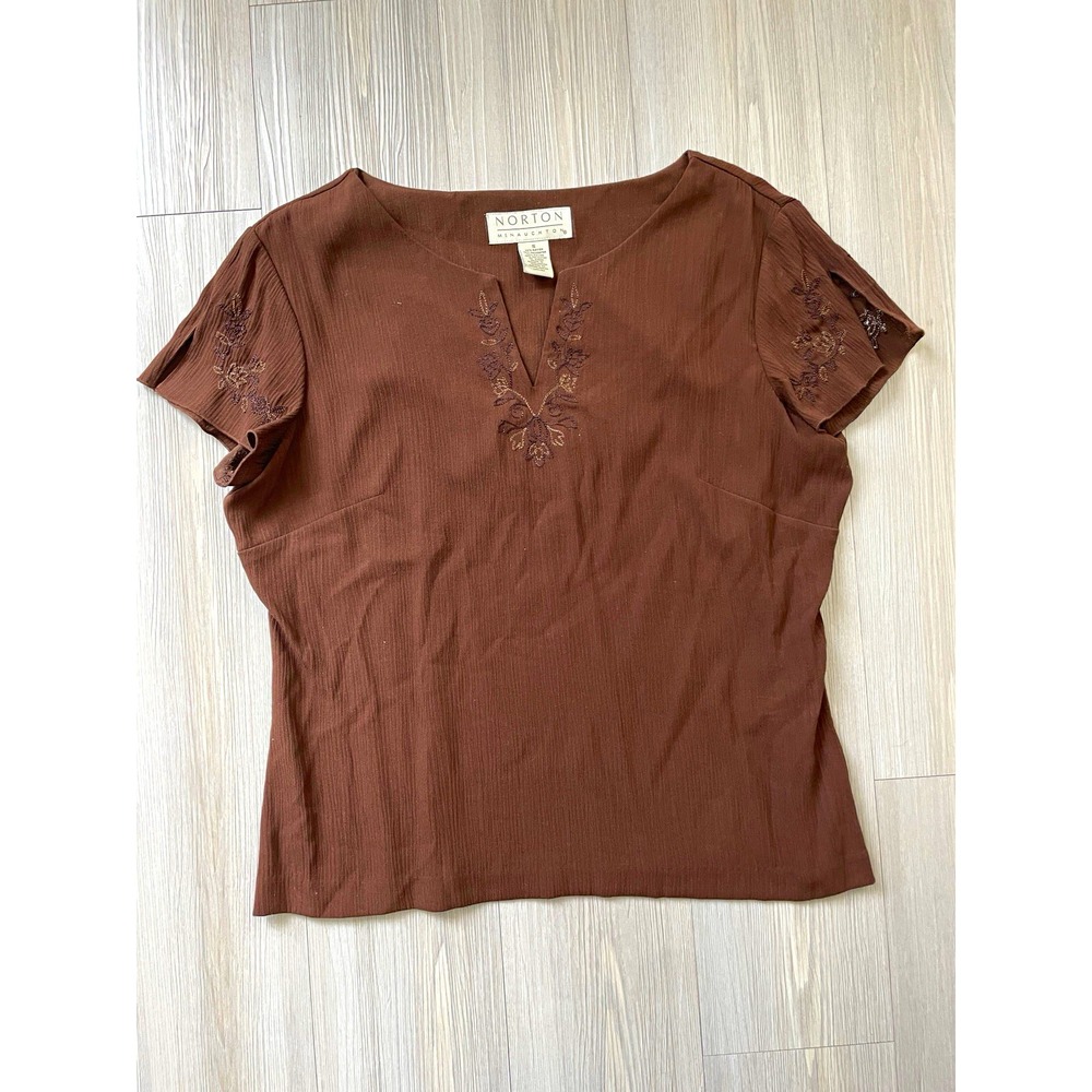 Norton McNaughton Brown Woven Solid Embroidered V-Neck Blouse Sz S Coquette Fall